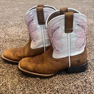 Pink and brown square toe Ariat boots.